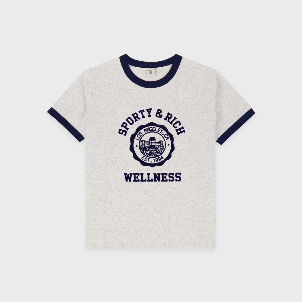 NWT Sporty and Rich Emblem Ringer Tee in Heather Grey / Navy